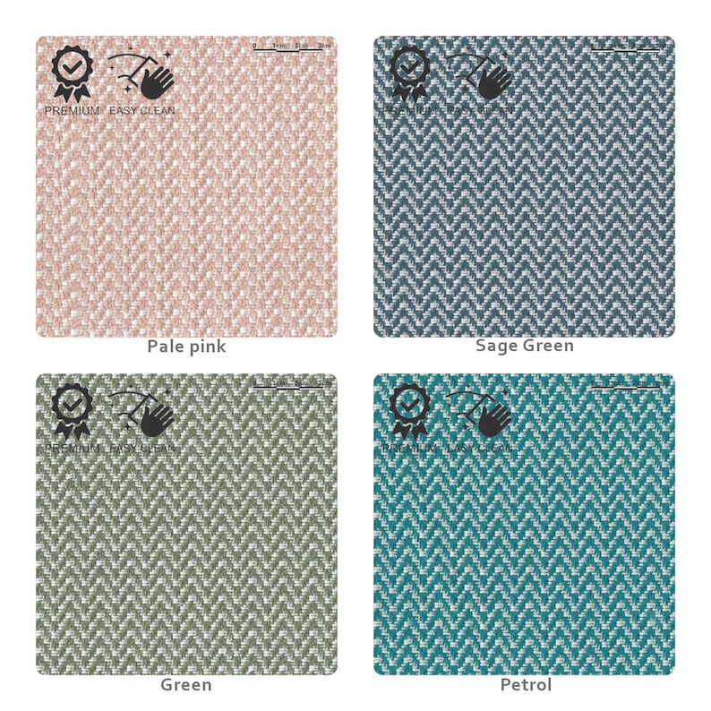 May include: Four fabric swatches in pale pink, sage green, green, and petrol blue. Each swatch has a textured, chevron pattern. The words "Premium Easy Clean" are printed on each swatch.