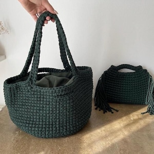 Tote bag beach, Green cotton bag; rustic Ibiza basket