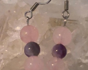 Pendientes colgantes de amatista y cuarzo rosa