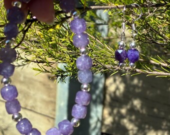 Conjunto de pulsera y pendientes de plata de ley con amatista facetada (cuentas de aproximadamente 7 mm)