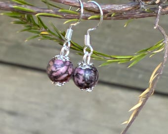 Rhodonite And Sterling Silver Earrings 8mm Beads
