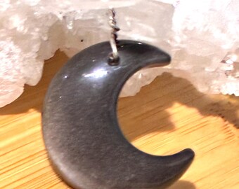 Silver Sheen Obsidian Moon Necklace (Leather corded)