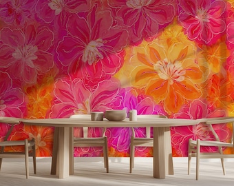 Floral Wallpaper in Pink & Orange For Living Room – Peel and Stick Wall Mural
