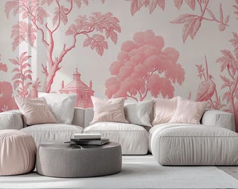 Papel pintado vintage de toile rosa para dormitorio: mural autoadhesivo