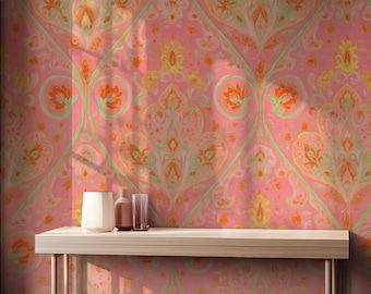 May include: Pink wallpaper with a repeating paisley design in orange, yellow, and green. A white vase, two brown bottles, and a clear glass sit on a light wood shelf. A window is visible on the left.