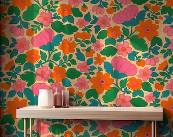 Floral Wallpaper in Orange & Pink For Living Room – Peel and Stick Wall Mural