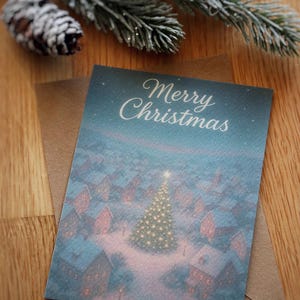 Carte de Noël Village d'hiver – personnalisable avec votre texte, sapin de Noël illuminé, neige, étoiles, Joyeux Noël, Carte de vœux