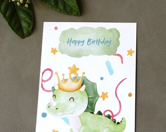 恐竜の誕生日カード – お好みのテキスト、緑またはピンク、ハッピーバースデー、子供、かわいい恐竜、紙吹雪でカスタマイズ可能