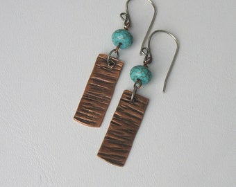 Hammered Copper Earrings for Women, Handmade Copper Dangle Earrings, Copper and Turquoise, Textured Metal Earrings, Gift for Her