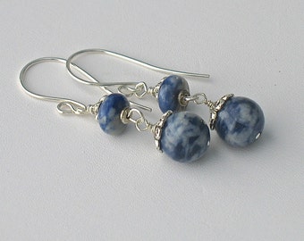 Handmade Blue Drop and Dangle Earrings for Women, Blue Sodalite Bead Earrings with Silver Accents, Gift for her