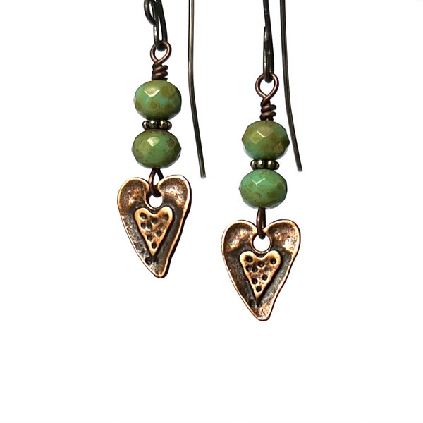 Copper Heart Dangle Earrings for Women, Green Jasper Accents, Drop and Dangle Earrings, Handmade Earrings, Gift for Women