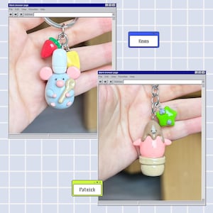 Peut inclure: Porte-clés avec des figurines en argile colorées et fantaisistes. L'un présente une souris bleue avec un chapeau de chef et une cuillère, ainsi qu'un charme fraise et fromage. L'autre a une figurine de cornet de glace avec un charme étoile verte.