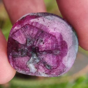 May include: A polished, rounded gemstone with a deep magenta hue and a star-like pattern radiating from the centre. The stone has a translucent quality with areas of darker, opaque inclusions. The edges are smooth and slightly lighter in colour.