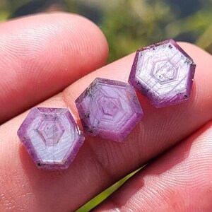 May include: Three hexagonal, faceted gemstones with a deep purple hue and a white, geometric interior pattern. The gems are held in a hand, with the background blurred, suggesting a natural setting. The gems are likely rubies.