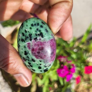 Op de afbeelding: Een ovaalvormige edelsteen met een levendige mix van groen, zwart en dieprode tinten. De gepolijste steen wordt in een hand gehouden en toont zijn natuurlijke patronen. De edelsteen is omgeven door groene planten en roze bloemen.