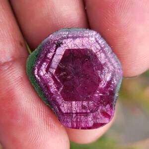 May include: A close-up of a gemstone with a hexagonal shape and a deep magenta hue. The gem has a green outer edge and a crystalline structure, showcasing natural textures and patterns. The gem is held in a hand.
