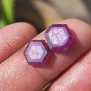 May include: Two hexagonal, faceted gemstones with a deep magenta hue. The gems have a translucent quality, with visible internal patterns and dark inclusions. The edges are sharply defined, and the overall shape is symmetrical.