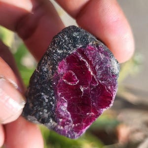 Puede incluir: Una gema en bruto, sin cortar, con un exterior oscuro y moteado y un interior rojo intenso y vibrante. La superficie de la piedra tiene un aspecto texturizado, mostrando la belleza natural del mineral. El color intenso y la forma única lo convierten en un espécimen llamativo.