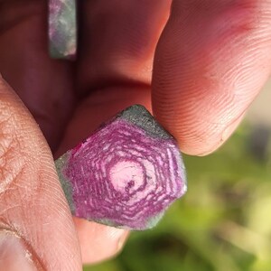 Pode incluir: Close-up de uma pedra preciosa segurada entre os dedos. A pedra tem um interior rosa e roxo com um padr&atilde;o geom&eacute;trico, rodeado por uma borda verde escura e preta. A superf&iacute;cie da pedra &eacute; &aacute;spera e texturizada.