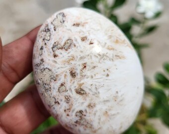 May include: A smooth, oval-shaped stone with a polished white surface featuring intricate, feathery patterns in shades of tan and light brown. The stone has a glossy finish and displays natural mineral inclusions throughout its crystalline structure.