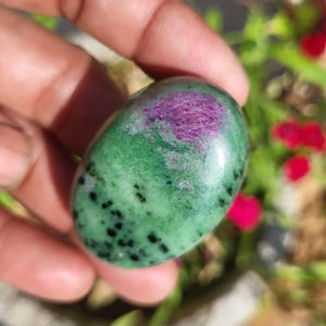 May include: A polished, oval-shaped gemstone with a vibrant green base, speckled with black inclusions. A prominent patch of deep magenta color is visible. The stone is held in a hand, with a blurred background of greenery and red flowers.
