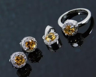Natural Citrine Jewelry Set, 925 Sterling Silver Ring, Earrings, Pendant, November Birthstone
