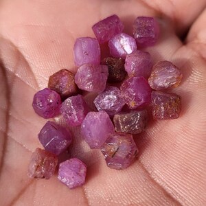 May include: A collection of small, raw, unpolished ruby gemstones with a vibrant pinkish-red hue. These stones feature irregular, multifaceted shapes with natural textures and varying degrees of translucency, showcasing their organic, uncut crystalline structure.