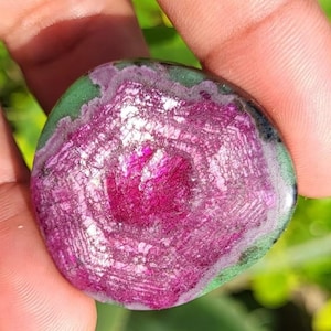 Peut inclure: Une pierre précieuse polie avec un motif de couleurs saisissant. Le centre est magenta foncé, entouré d'anneaux roses et blancs plus clairs, bordés de vert. La pierre est tenue dans une main.