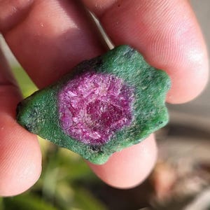 May include: A raw gemstone with a magenta core encircled by a green border. The stone's surface is textured, displaying natural colour variations. The gem is held between fingers. The overall shape is irregular.