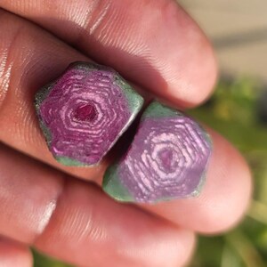 Pode incluir: Duas pedras preciosas de rubi bruto com um centro magenta profundo e um padr&atilde;o conc&ecirc;ntrico. As pedras preciosas s&atilde;o cercadas por uma borda verde. As gemas s&atilde;o seguradas em uma m&atilde;o, com um fundo verde desfocado.
