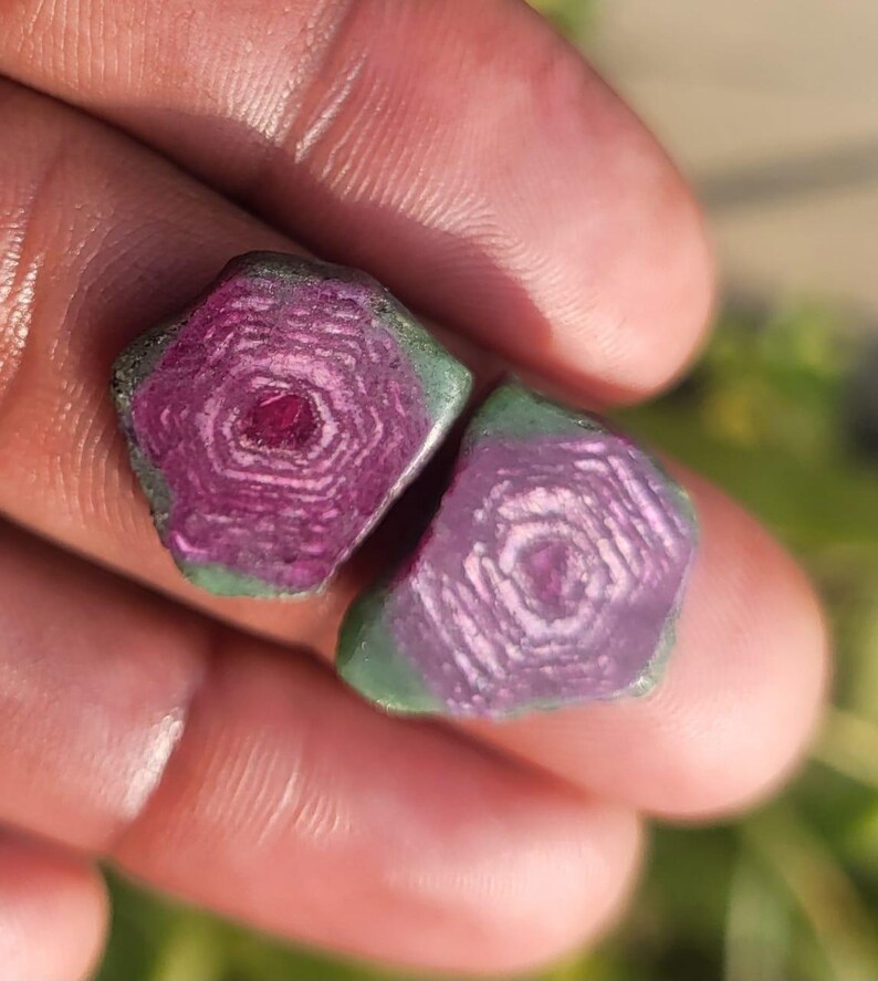 Pode incluir: Duas pedras preciosas de rubi bruto com um centro magenta profundo e um padr&atilde;o conc&ecirc;ntrico. As pedras preciosas s&atilde;o cercadas por uma borda verde. As gemas s&atilde;o seguradas em uma m&atilde;o, com um fundo verde desfocado.