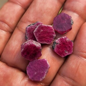 May include: A collection of raw ruby gemstones, each with a deep red hue and rough, natural edges. The gemstones are held in a hand, showcasing their natural beauty and potential for jewelry making or collecting.