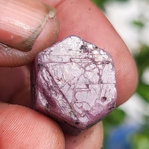 May include: A hexagonal raw ruby crystal with a deep pinkish-red hue, featuring a textured surface with visible natural striations, geometric facets, and small dark inclusions throughout the crystalline structure of the gemstone.