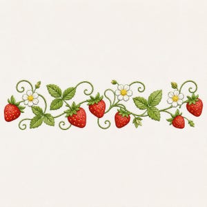 May include: A decorative border featuring a repeating pattern of ripe red strawberries, green leaves, and delicate white flowers with yellow centers. The design is set against a plain white background, creating a fresh, natural aesthetic.