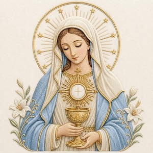 Puede incluir: Un bordado de la Virgen María con velo blanco y manto azul, sosteniendo un cáliz dorado con una custodia. Un halo circular con estrellas doradas radiantes rodea su cabeza, flanqueada por lirios blancos a ambos lados de la imagen.