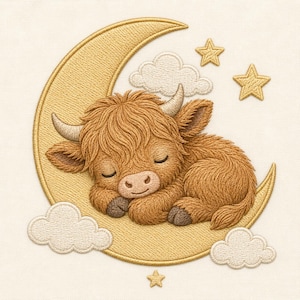 Highland Cow Moon Embroidery File, Baby Nursery Design (Digital Download)
