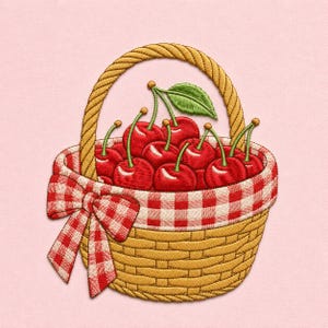 May include: An embroidered patch featuring a woven tan basket filled with bright red cherries and a single green leaf. The basket is accented with a red and white gingham fabric trim and a matching gingham bow tied to the side of the handle.