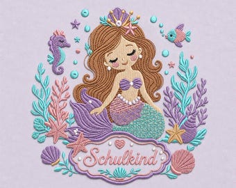 Mermaid School Child Embroidery Design, Ocean Girl Machine Embroidery File (5 Sizes)