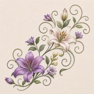 May include: Embroidered floral design featuring a purple lily and a white lily with pink accents. The design includes green leaves, buds, and swirling vines on a cream-colored background. A decorative floral motif.