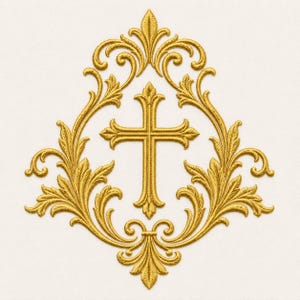 May include: A gold-coloured embroidery design featuring a central cross surrounded by an intricate, symmetrical frame of ornate acanthus leaves and scrolling flourishes. The metallic-toned thread creates a raised, textured appearance on a plain background.