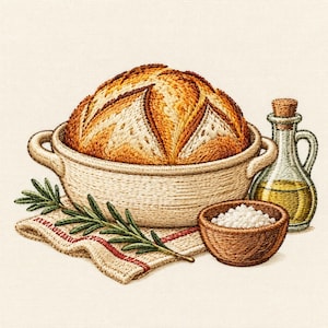 Op de afbeelding: Een geborduurde afbeelding van een rond brood met een knapperige korst in een gevlochten kom, een klein kommetje met wit zout, een glazen karaf met goudkleurige olijfolie en een takje groene rozemarijn op een beige doek met rode strepen.