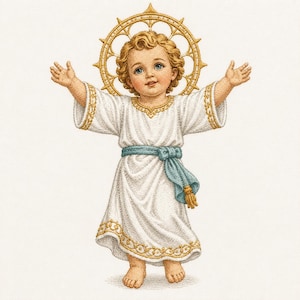 May include: An embroidered depiction of a young child with curly blonde hair and blue eyes, wearing a white robe with gold trim and a light blue sash. A golden circular halo with intricate spokes is positioned behind the child's head.