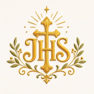 Può includere: Un emblema religioso dorato con una croce e le lettere JHS, circondato da rami d'ulivo ed elementi decorativi. Il design include raggi e una stella, su sfondo bianco.