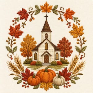 May include: An embroidery design featuring a white church with a brown roof and steeple, centered within a circular wreath of autumn maple leaves, wheat stalks, and berries. Three pumpkins in orange and white sit at the base of the church.