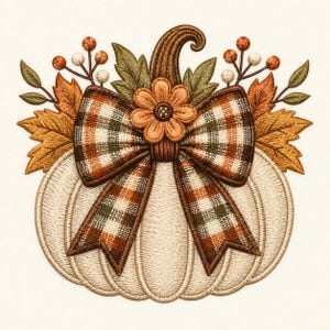 May include: An embroidered design of a cream-colored pumpkin featuring a large plaid bow in shades of orange, green, and brown. The pumpkin is decorated with an orange flower, green leaves, and small berry sprigs on a light background.