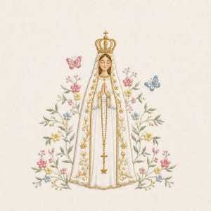 Op de afbeelding: Illustratie van een figuur in een witte jurk en gouden kroon, met de handen gevouwen in gebed. De figuur is omgeven door kleurrijke bloemen en vlinders. Een gouden rozenkrans hangt van de handen van de figuur.