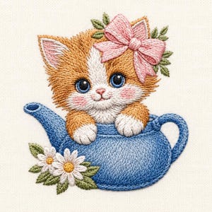 以下が含まれることがあります： 青い目をした、ピンクのリボンをつけた、青いティーポットの中に座っている、オレンジと白の子猫の刺繍画像。 黄色の中心と緑の葉を持つ2つの白いデイジーがティーポットの底にあります。