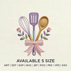 Kitchen Utensils Embroidery Design, Floral Whisk Spatula Spoon (Digital Download)