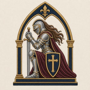 May include: An embroidered patch featuring a knight in silver plate armor kneeling in prayer while holding a sword. The knight wears a deep red cloak and carries a blue shield with a gold cross. The scene is framed by a gold and blue arch.