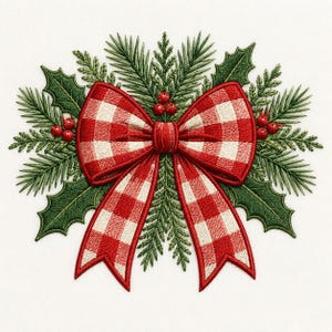 May include: An embroidered patch featuring a red and white gingham bow centered over a cluster of green holly leaves, pine needles, and small red berries. The design is symmetrical with detailed stitching throughout the foliage and bow.